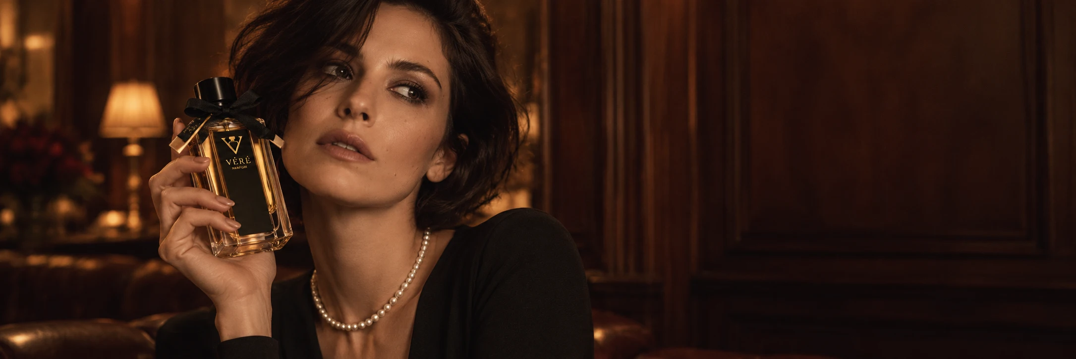 Woman holding VÉRÉ perfume in a warm, intimate evening interior