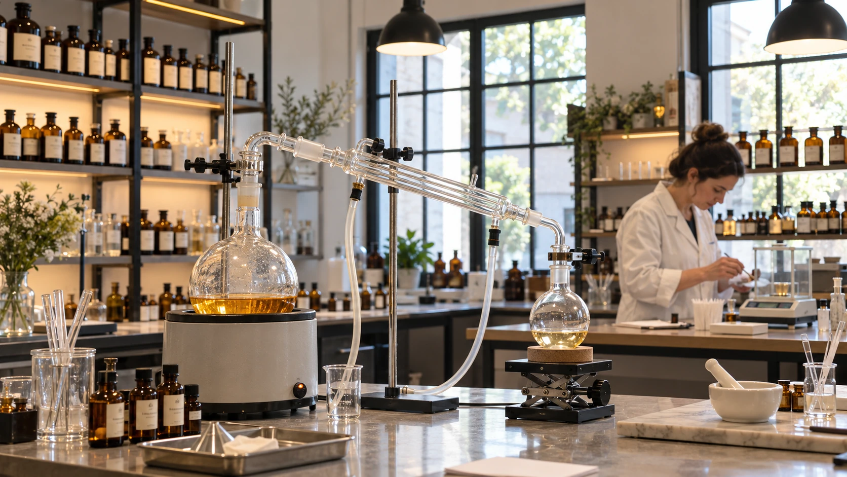 玻璃蒸馏器具与调香师工作的研发室场景图