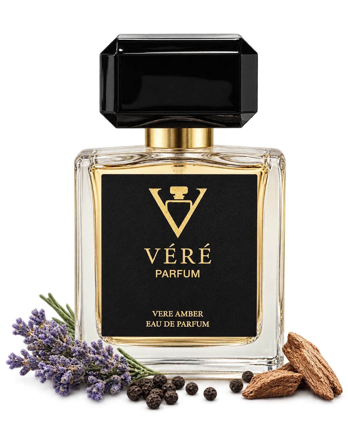 VÉRÉ 男士一号黑金瓶身特写,搭配胡椒、薰衣草与雪松木香调意象