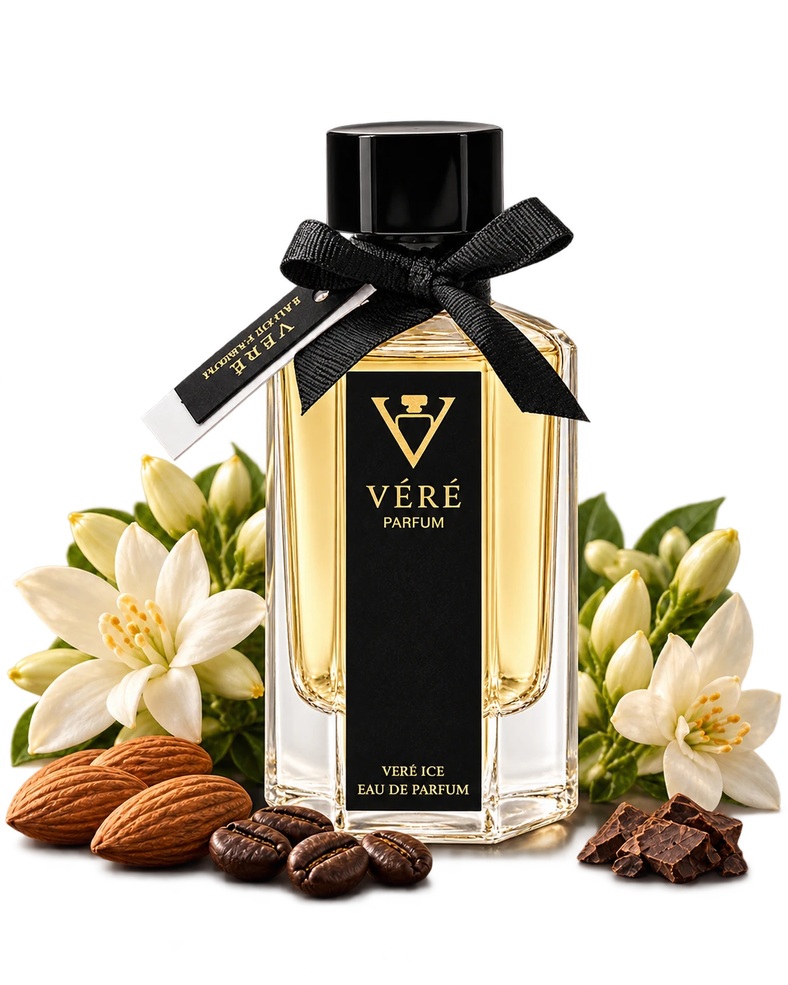 VÉRÉ 蝴蝶结六角金色香水瓶特写,白花、杏仁与咖啡豆环绕瓶底