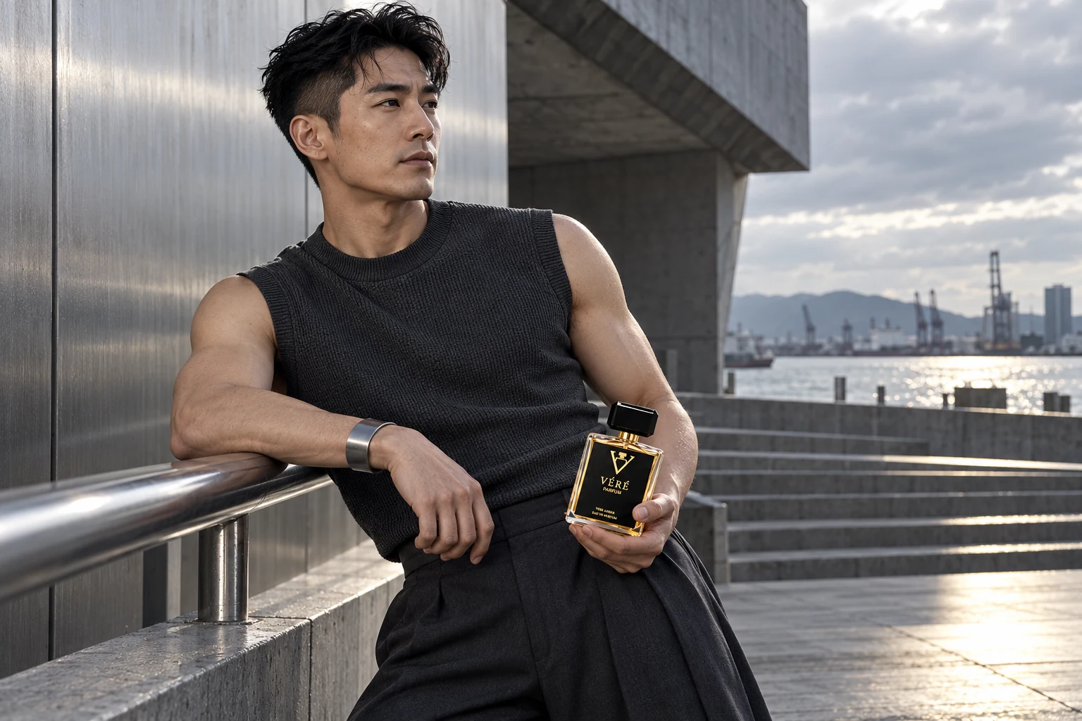 MEN04 冷锋之间：男士人物与金色VÉRÉ方瓶