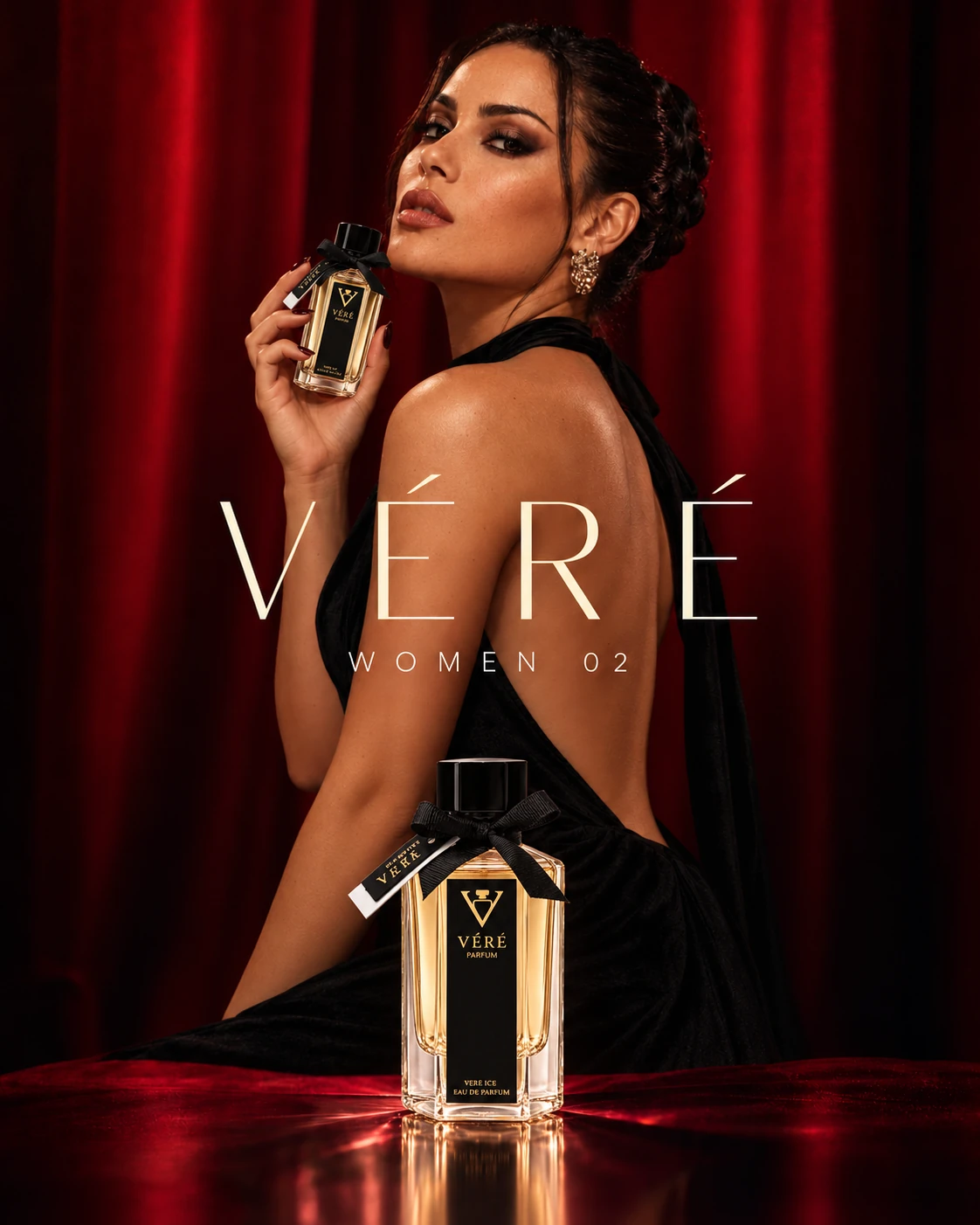 红色帷幕前女性回眸的 VÉRÉ WOMEN 02 品牌海报