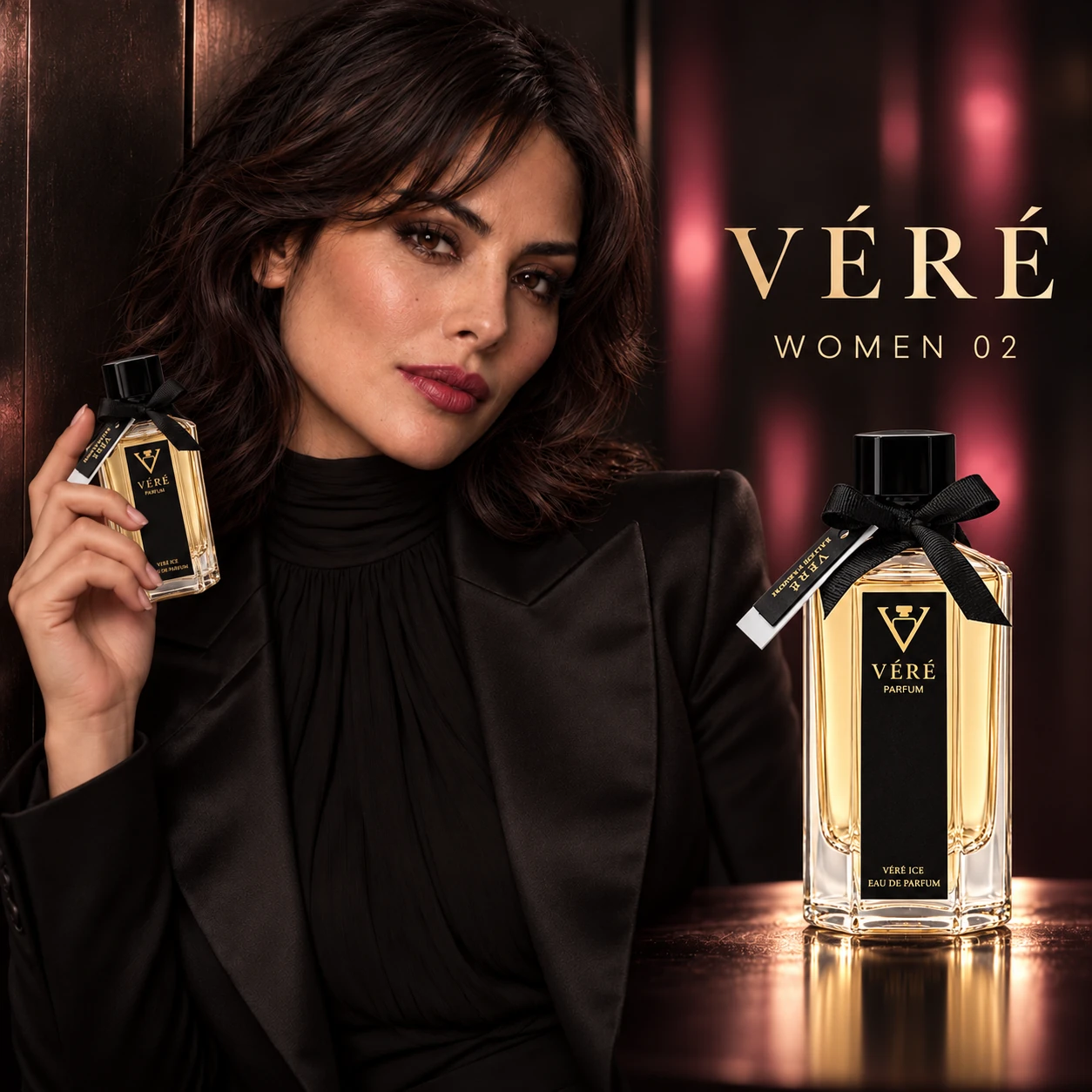 烟熏妆女性身穿黑色高领与缎面外套，搭配 VÉRÉ WOMEN 02 香水