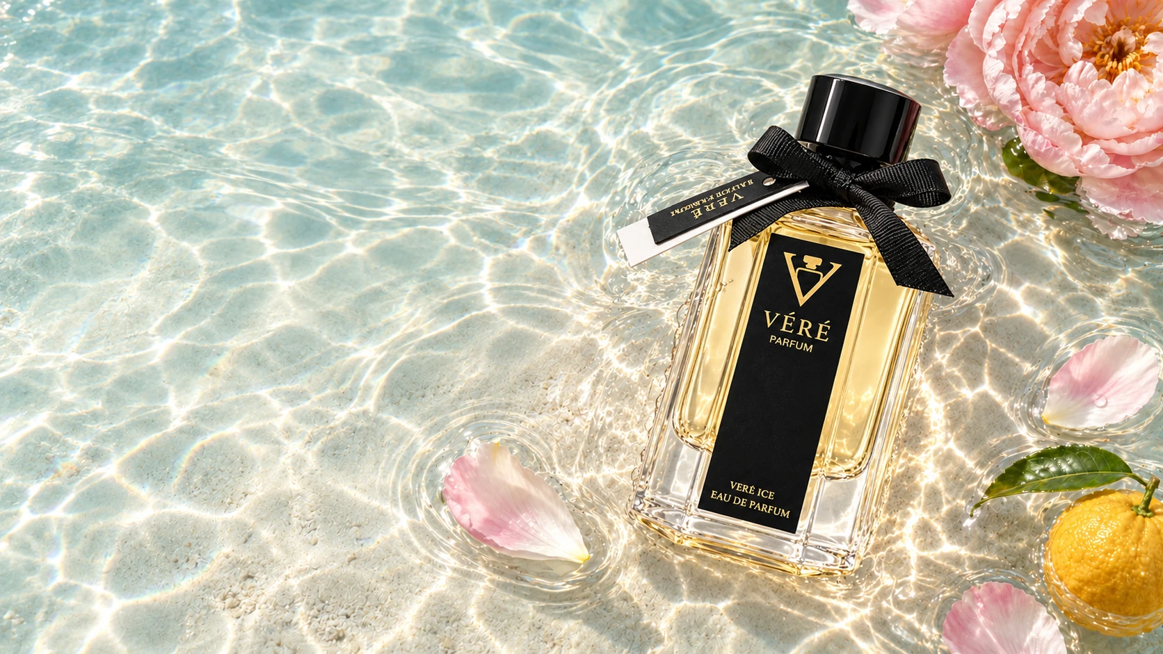 清浅海水中的浅粉 VÉRÉ 香水,周围漂浮牡丹花瓣与柚子