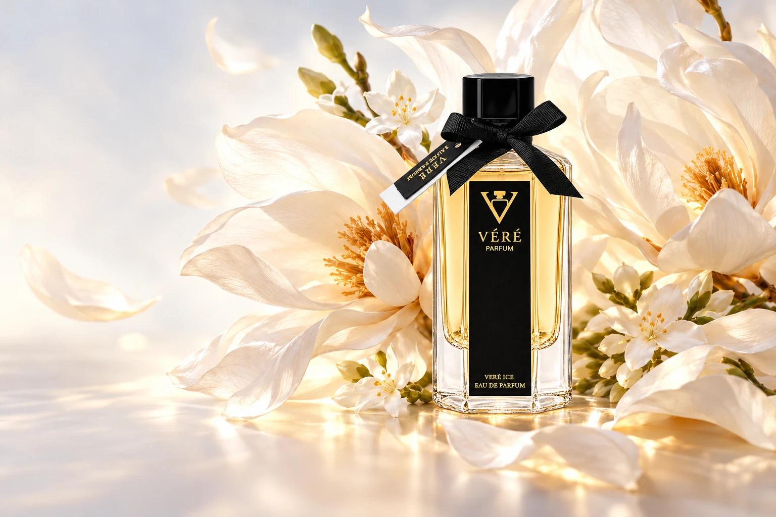 舒展透光的象牙白花瓣环绕 VÉRÉ 金色香水瓶