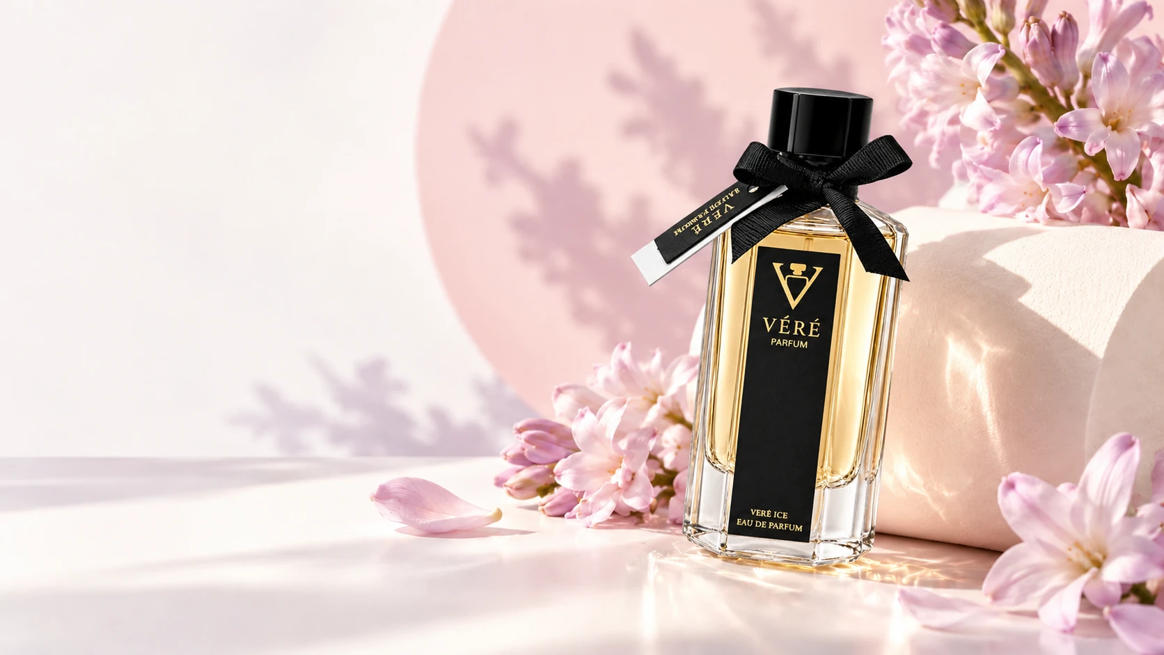 象牙白与浅粉光圈中的 VÉRÉ 香水