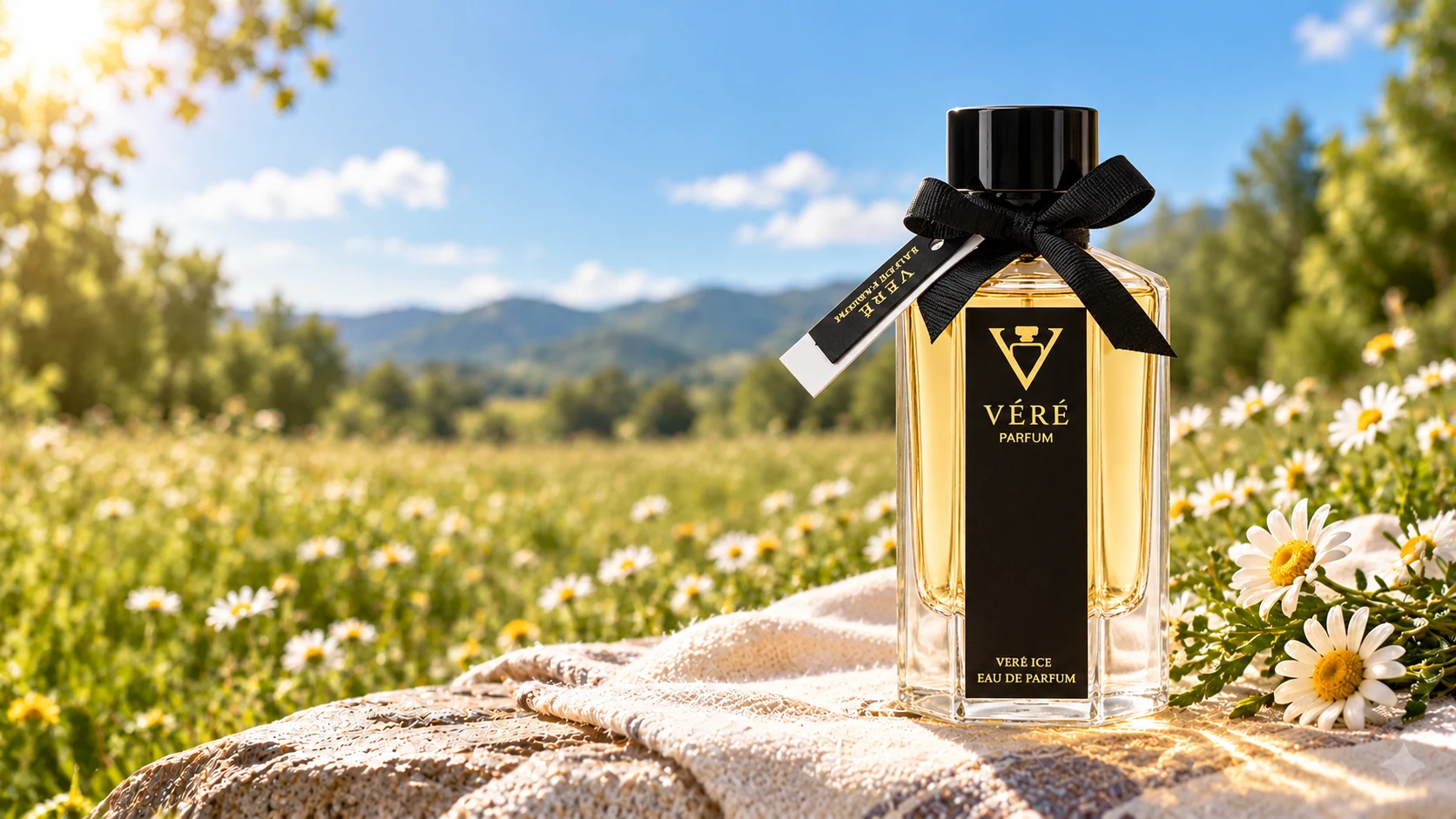 雏菊白与草地绿光影中的 VÉRÉ 草莓与紫罗兰香水