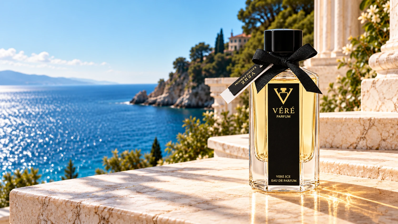 海水青与金色光影中的 VÉRÉ 石榴与柠檬花香水