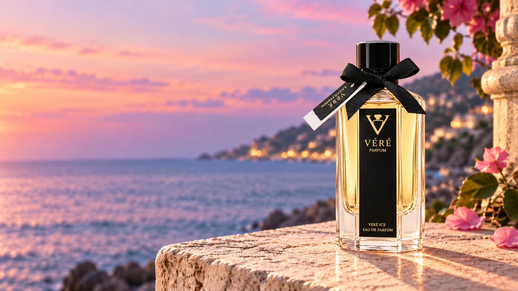 浅粉与花园绿光影中的 VÉRÉ 甜豆与牡丹香水