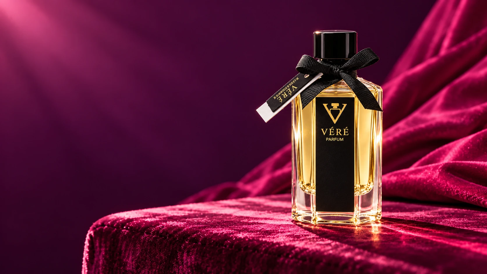 浓玫红与深莓色光影中的 VÉRÉ 牡丹与玫瑰香水