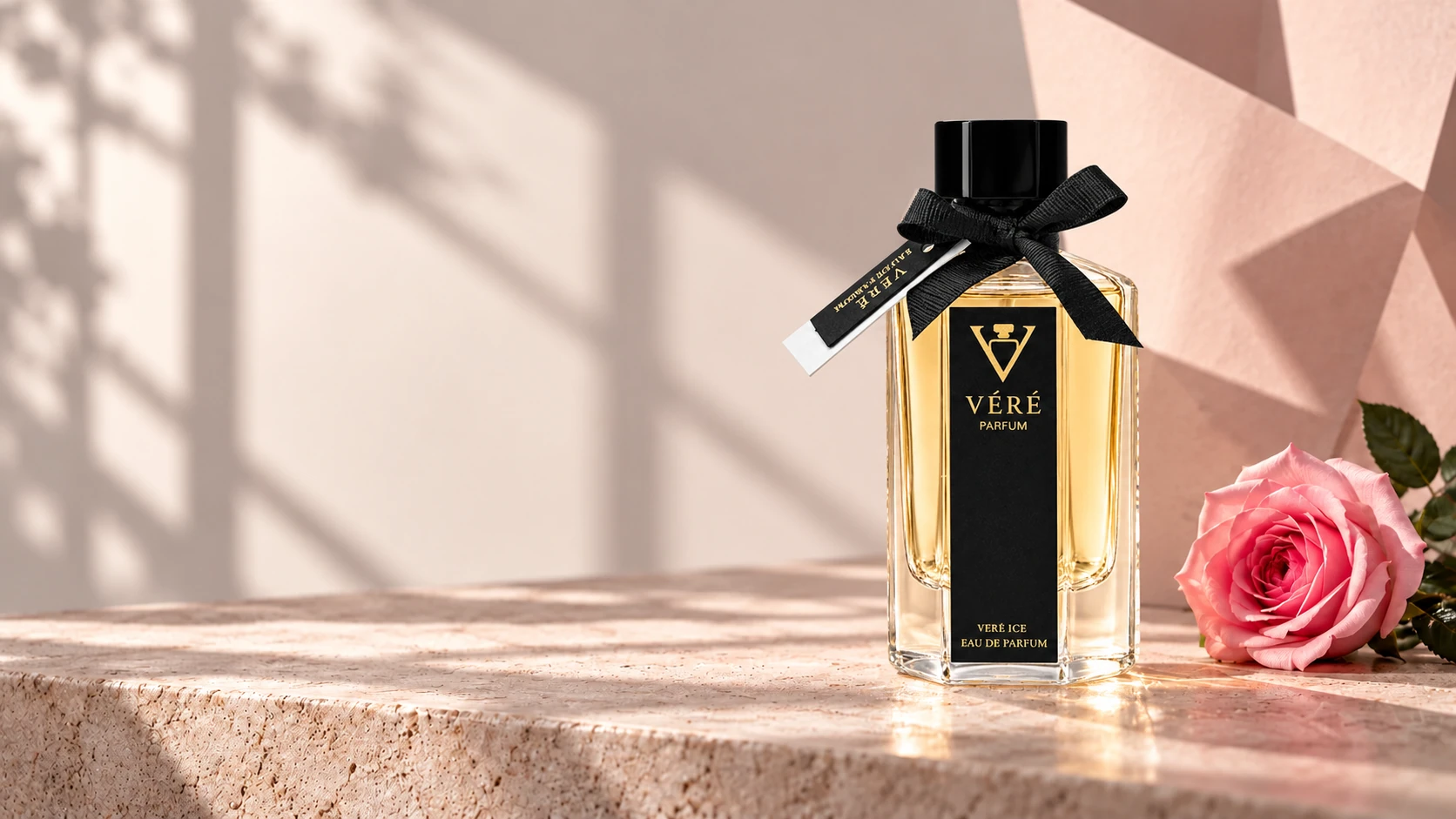 玫粉与柔灰光影中的 VÉRÉ 粉红胡椒与玫瑰香水