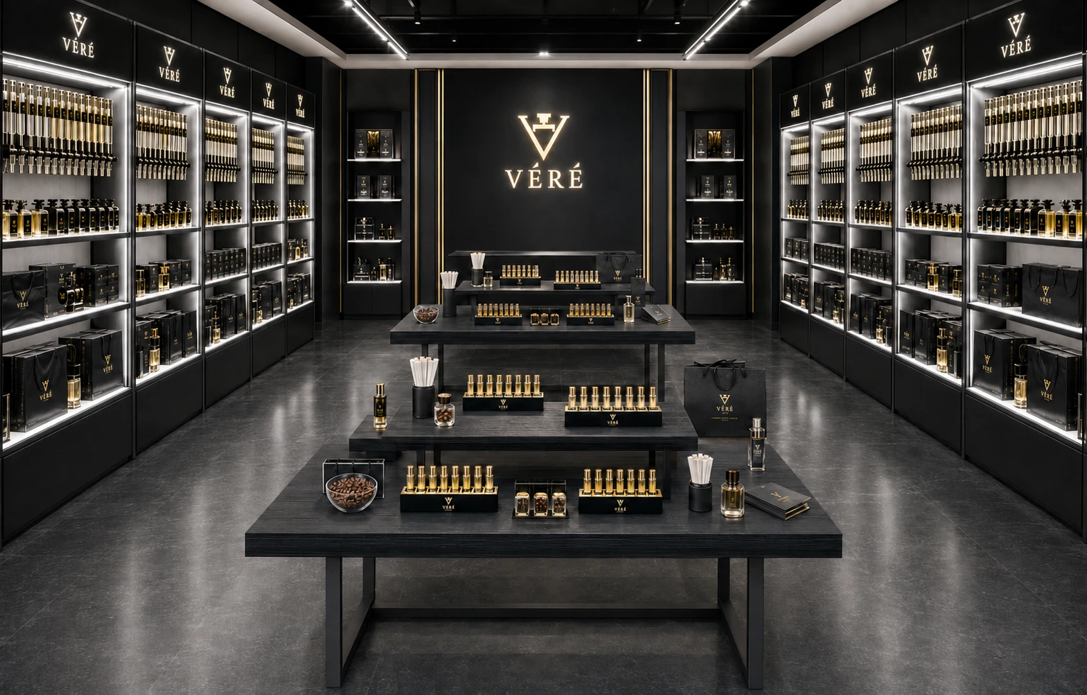 VÉRÉ 两侧香水补充展架与中央试香桌的门店内景设计